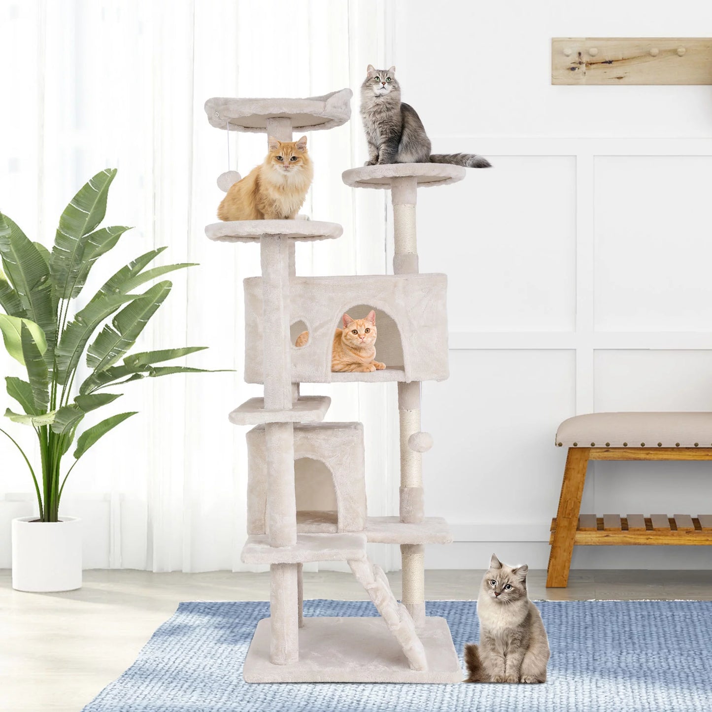 54-In Double Condo Cat Tree Tower Playhouse with Scratching Post & Perch for Indoor, Beige