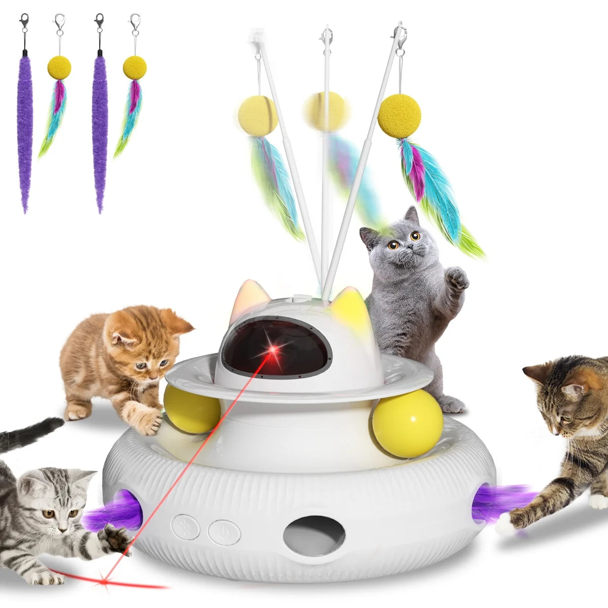 4 in 1 Interactive Cat Toys for Indoor Cats,Cat Laser Toys with 360°Rotation, Interactive Exercise Play Kitten Toy,Automatic Cat Wand Toys,Track Balls,Indoor Exercise Cat Kicker with USB Rechargeable