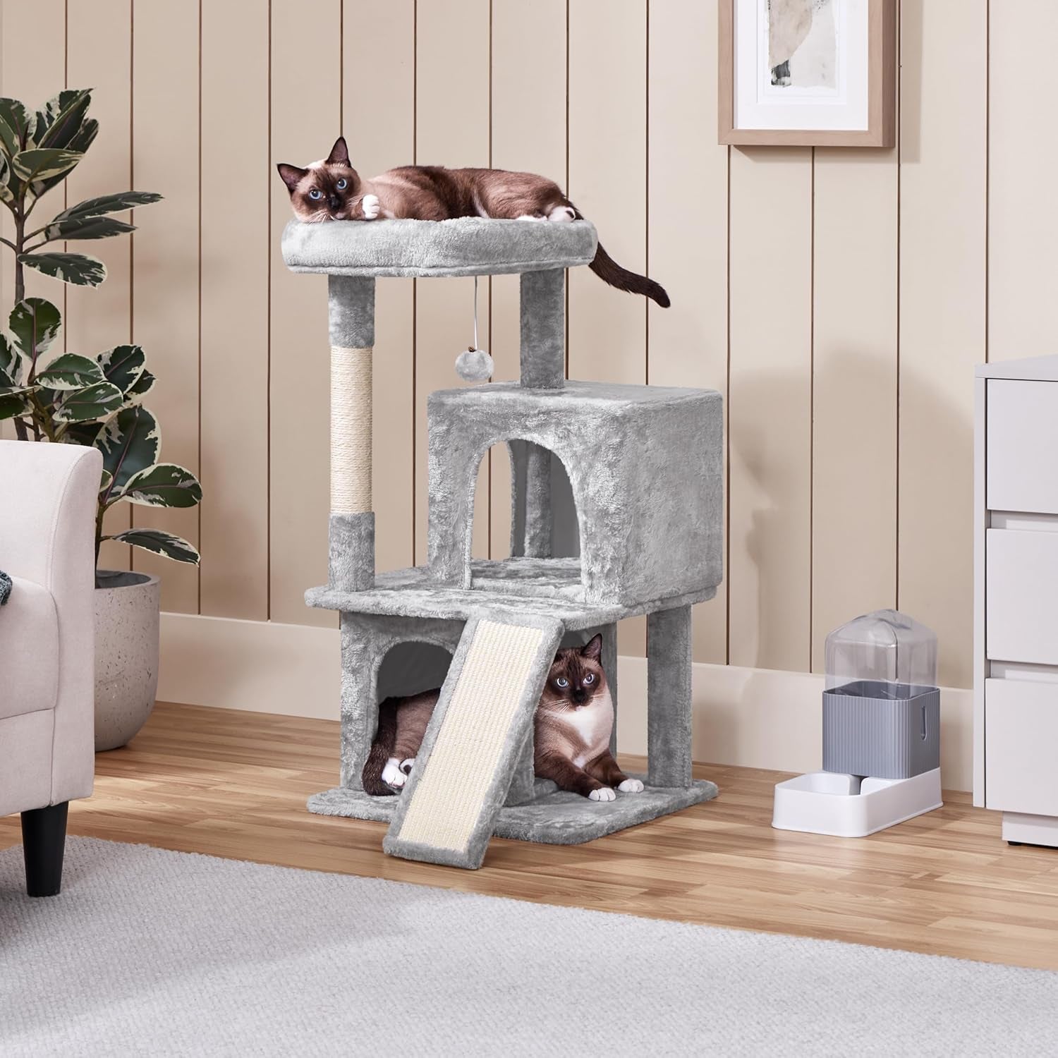 36In Cat Tree Cat Tower Play House Climber Stand Furniture with Scratching Post, Plush Perch, Dangling Ball, Two Condo and Ramp, Suit for Kittens, Cats and Pet