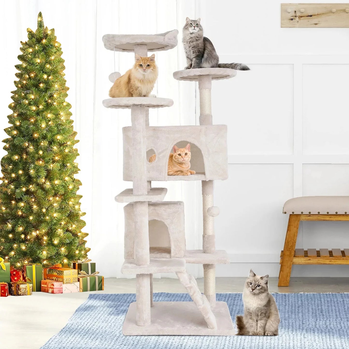 54-In Double Condo Cat Tree Tower Playhouse with Scratching Post & Perch for Indoor, Beige