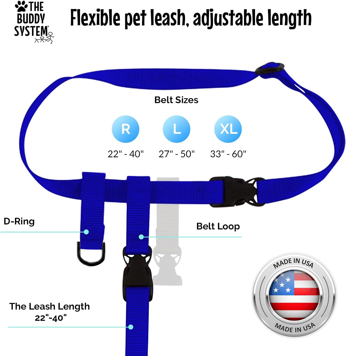 Hands Free Dog Leash, Adjustable Leash for Running, Jogging, Training and Service Dogs, Great for Small, Medium and Large Dogs, Made in USA (Royal Blue, Large Belt (27"- 50" Waist))