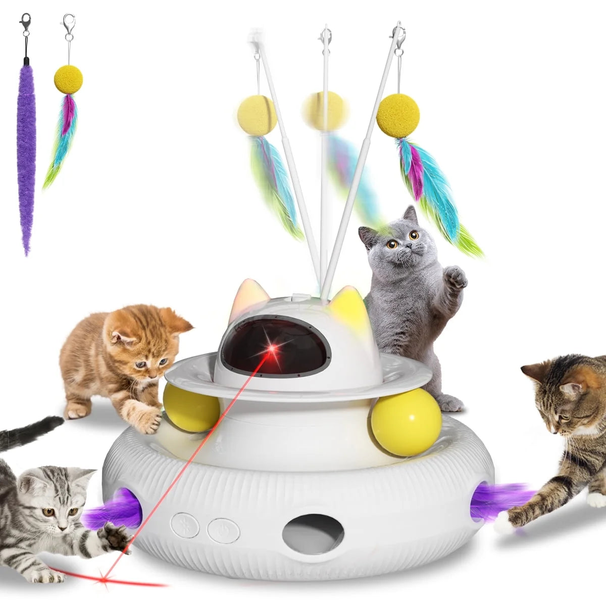 4 in 1 Interactive Cat Toys for Indoor Cats,Cat Laser Toys with 360°Rotation, Interactive Exercise Play Kitten Toy,Automatic Cat Wand Toys,Track Balls,Indoor Exercise Cat Kicker with USB Rechargeable