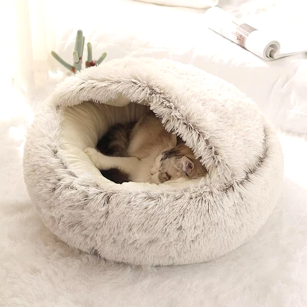 Soft Plush Pet Bed with Cover round Cat Bed Pet Mattress Warm Cat Dog 2 in 1 Sleeping Nest Cave for Small Dogs